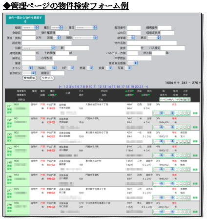 管理ページの物件検索フォーム例